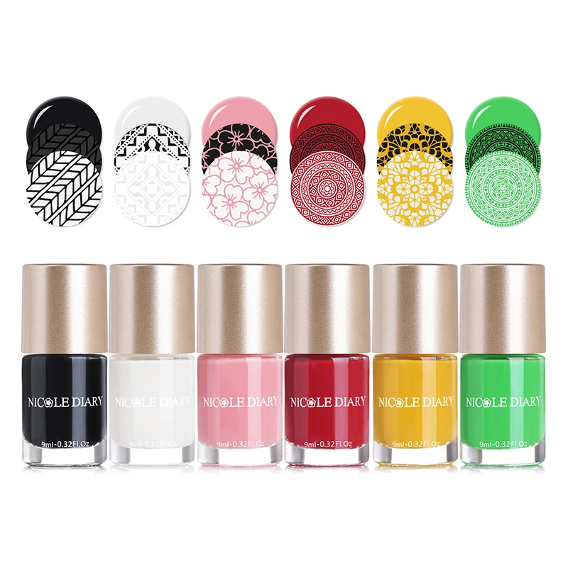 NICOLE DIARY 6 Bottles Nail Stamping Polish Set Nail Art Stamp Plate Polish Image Printing Varnish 9ml