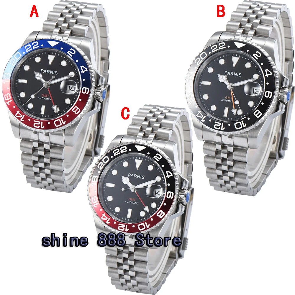 

40mm PARNIS black dial bezel Sapphire glass date GMT automatic mens watch