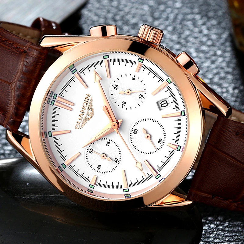

GUANQIN Mens Watches Top Brand Luxury Chronograph Clock Men Fashion Casual Leather Strap Quartz Wrist Watch relogio masculino