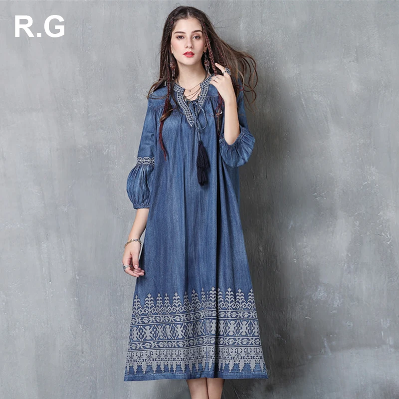 RG Summer Dress Women Bohemian Style Big Size Embroidery Denim Dresses Retro Tassels Decoration Woman Maxi Loose Dress 2018
RG Summer Dress Women Bohemian Style Big Size Embroidery Denim Dresses Retro Tassels Decoration Woman Maxi Loose Dress 2018