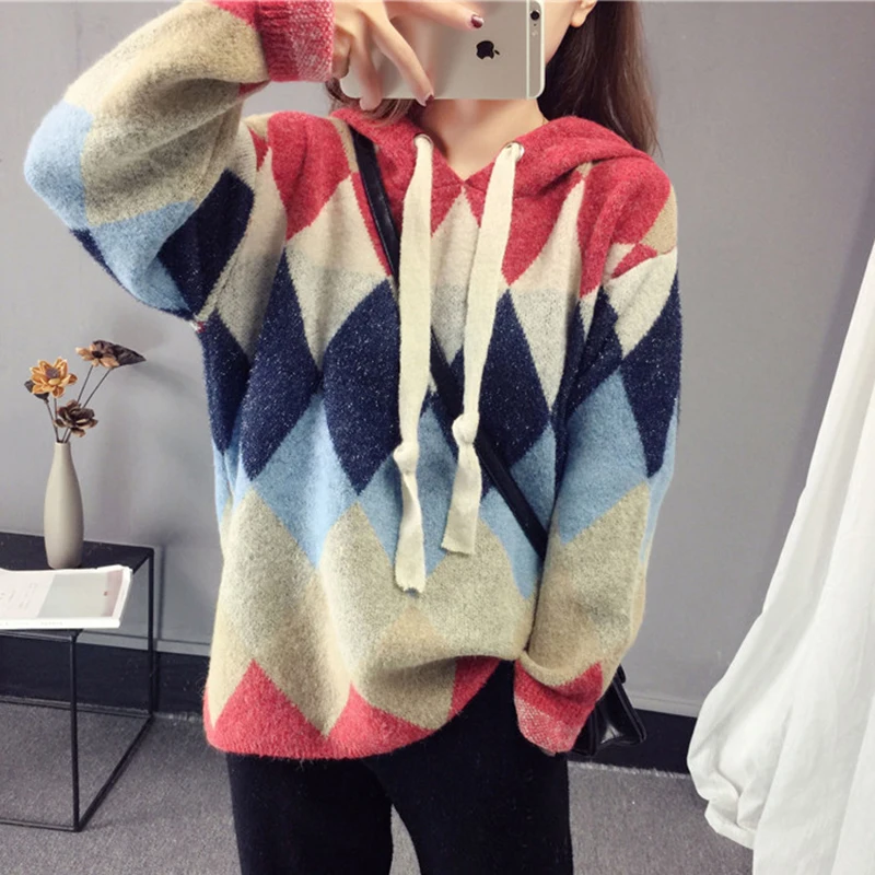 Fashion V-neck Knitted Sweaters Female Hooded Loose Patchwork Jumper Tops Spring Autumn Ladies Sweet Pullovers Sweater FP1416
Fashion V-neck Knitted Sweaters Female Hooded Loose Patchwork Jumper Tops Spring Autumn Ladies Sweet Pullovers Sweater FP1416