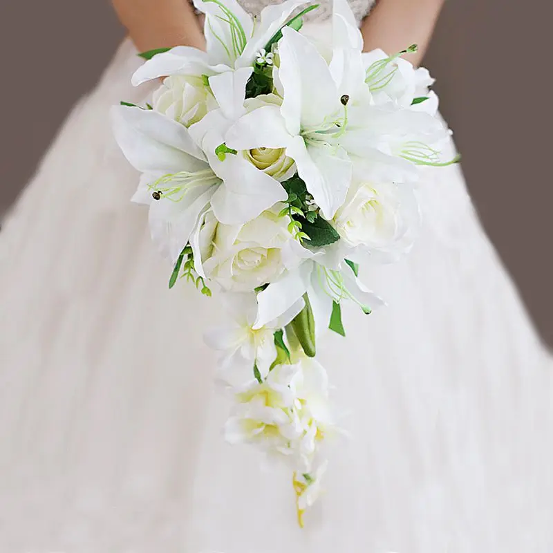 

Каскадная Белая лилия цвета слоновой кости Роза Свадебные цветы Свадебные букеты Искусственный Свадебный букет из роз