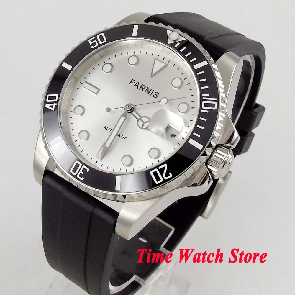 

40mm PARNIS watch silver dial luminous sapphire glass black ceramic bezel 21 jewels MIYOTA Automatic movement men's watch 462