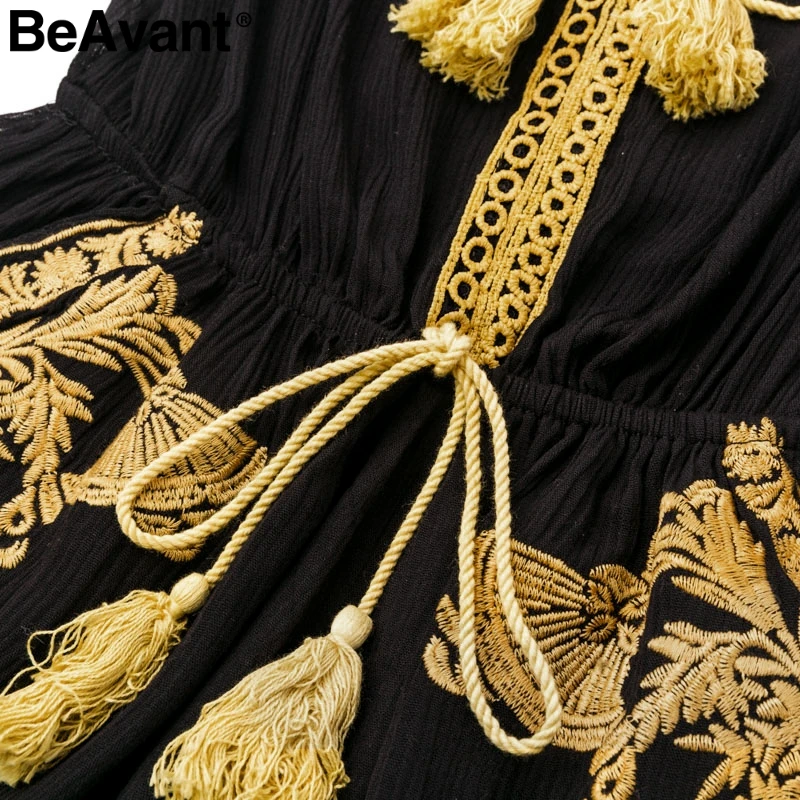 BeAvant Ethnic embroidery black jumpsuit rompers Women v neck tassel boho playsuit Summer beach casual overalls macacao 2018 new | Женская