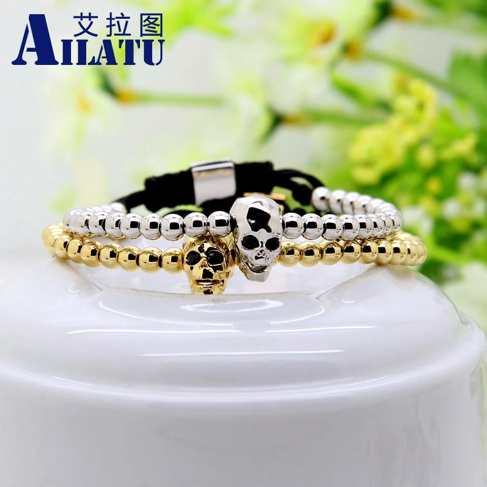 

Ailatu Unisex Fashion Skull Jewelry 4mm Copper Beads with Micro Pave Faceted Skeleton Braided Bracelet Pulseira Hombres