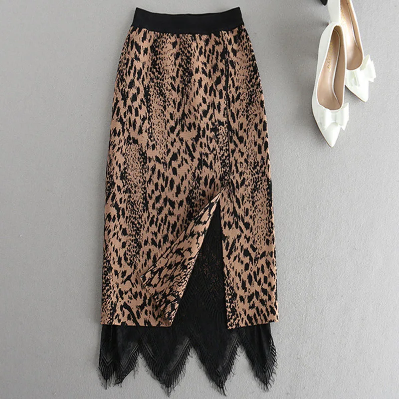 Женские юбки-карандаш с высокой талией весенние вязаные леопардовые кружевные