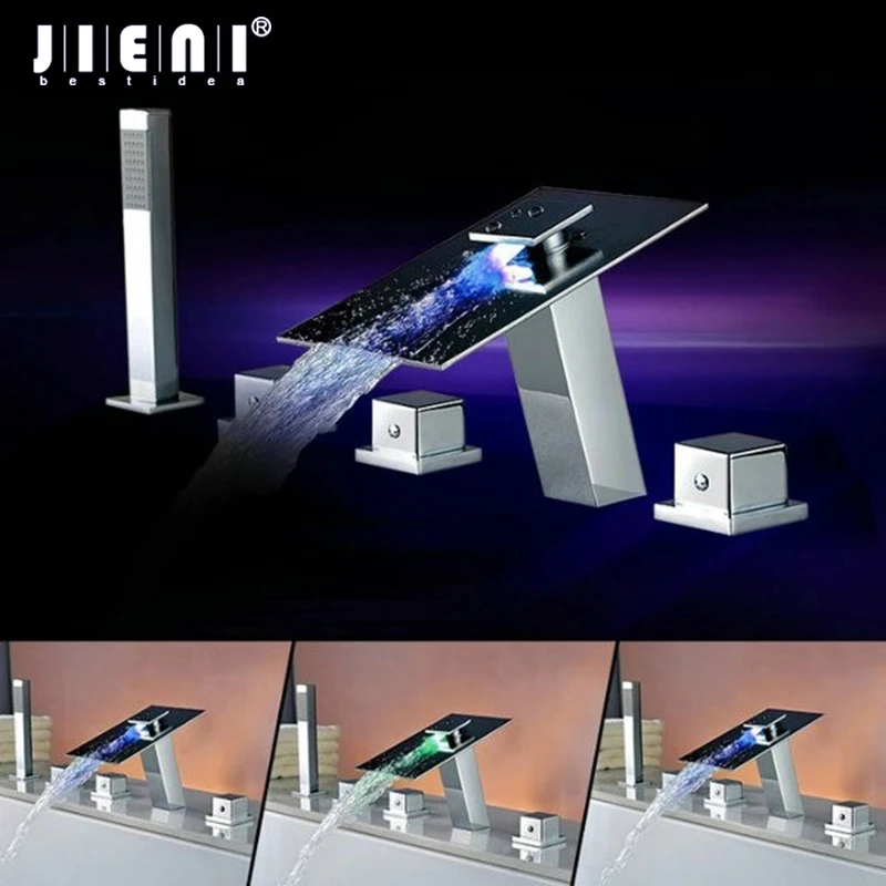 JIENI Chrome Solid Brass LED Waterfall Bathroom Shower Set Brass Deck Mounted Faucets 5 Holes Faucets Bathtub LED Faucet Set
JIENI Chrome Solid Brass LED Waterfall Bathroom Shower Set Brass Deck Mounted Faucets 5 Holes Faucets Bathtub LED Faucet Set