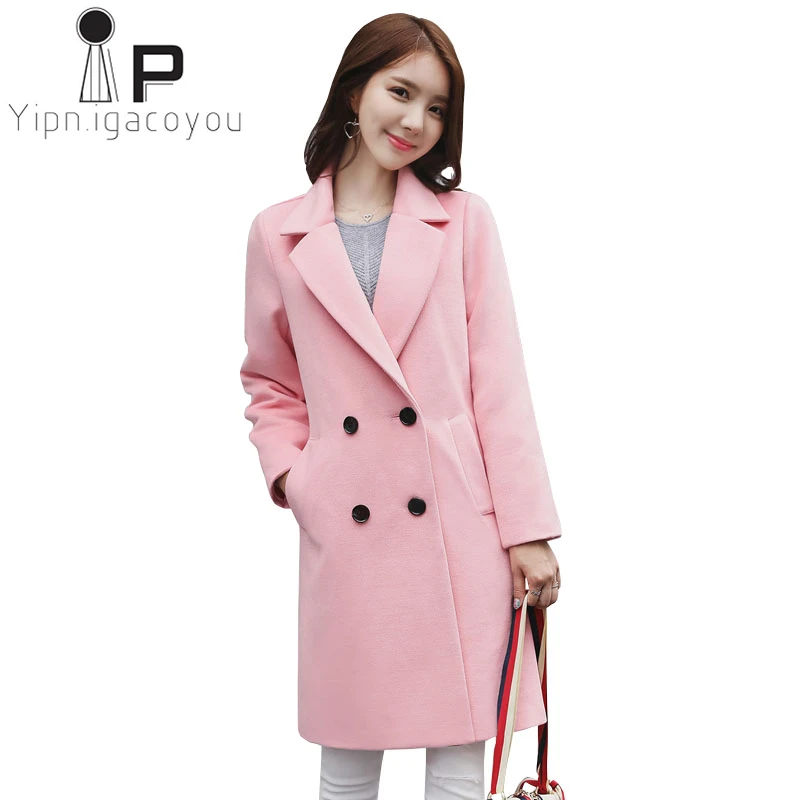 Шерстяное пальто женская длинная верхняя одежда Осеннее модное розовое