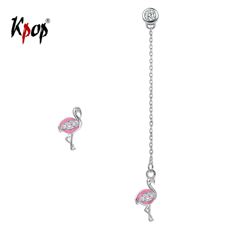 

Kpop Flamingo Earrings Love Jewelry 925 Sterling Silver Cubic Zirconia Enamel Asymmetric Minimalist Bird Ear Studs Women E6248