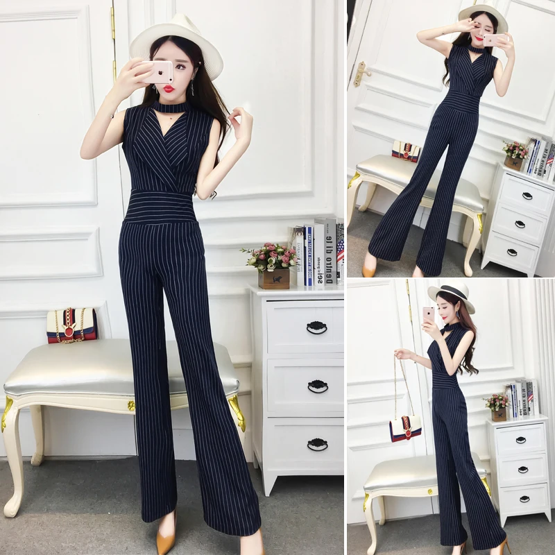 2018 spring and summer new style temperament Halter suit collar sleeveless Slim thin striped trousers one piece suit two-piece
2018 spring and summer new style temperament Halter suit collar sleeveless Slim thin striped trousers one piece suit two-piece