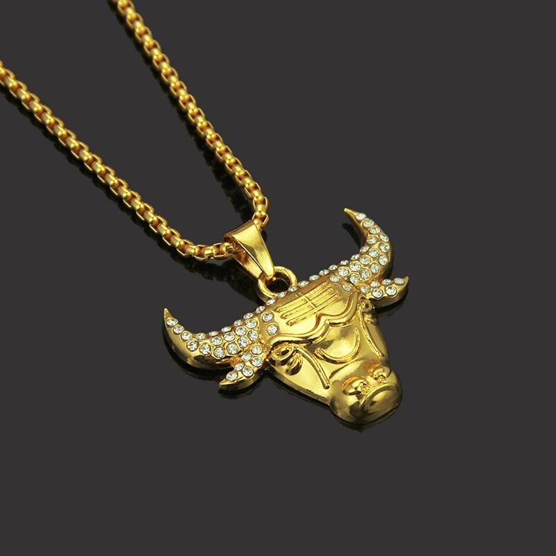 1PCS Bull Pendant Necklace Crystal Zircon Hip Hop Jewelry With Chain Punk Rock Exaggerated Gift MY10-YJ10-5566 | Украшения и