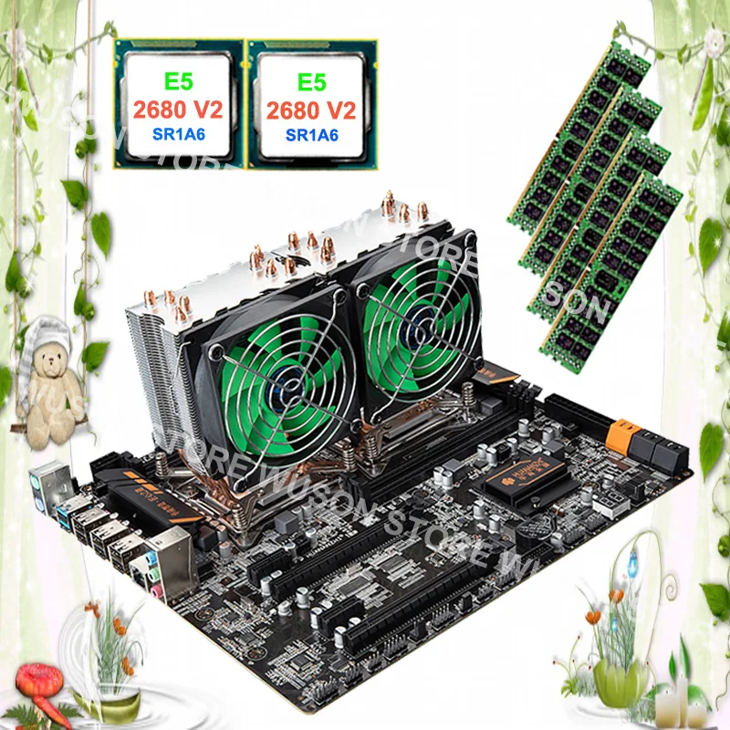 

Computer custom made HUANAN ZHI dual CPU X79 motherboard with dual CPU Intel Xeon E5 2680 V2 SR1A6 with coolers RAM 32G REG ECC