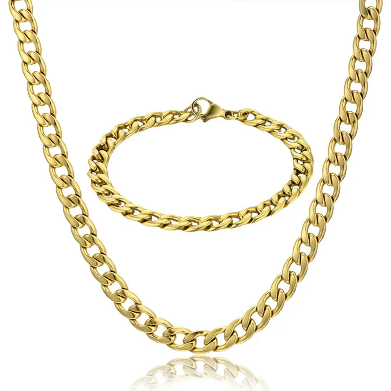 Trendy Stainless Steel Jewelry Set Men Cuban Link Chain Necklace & Bracelet African Gold Color Jewelry Set For Party
Trendy Stainless Steel Jewelry Set Men Cuban Link Chain Necklace & Bracelet African Gold Color Jewelry Set For Party