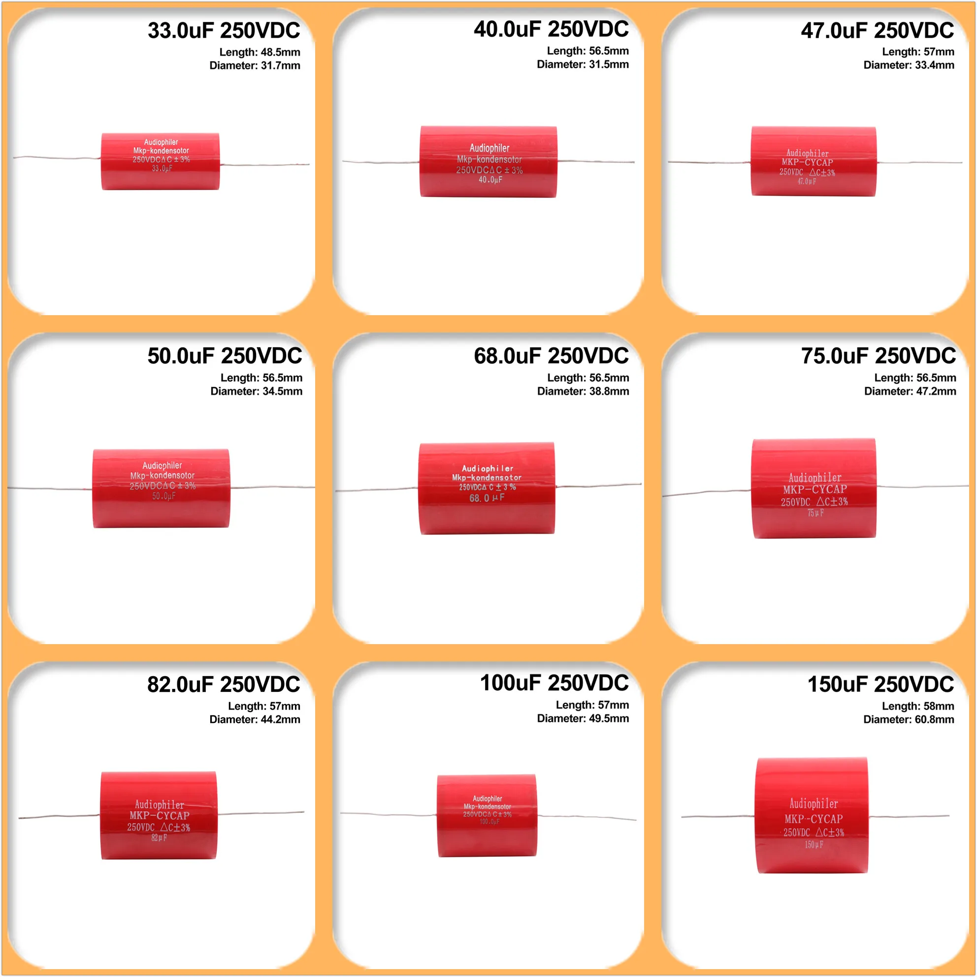 Audiophiler Axial MKP Audio Grade Capacitor 33uF~150uF 250VDC For HIFI Frequency Capacitance Guitar Amplifier DIY
Audiophiler Axial MKP Audio Grade Capacitor 33uF~150uF 250VDC For HIFI Frequency Capacitance Guitar Amplifier DIY