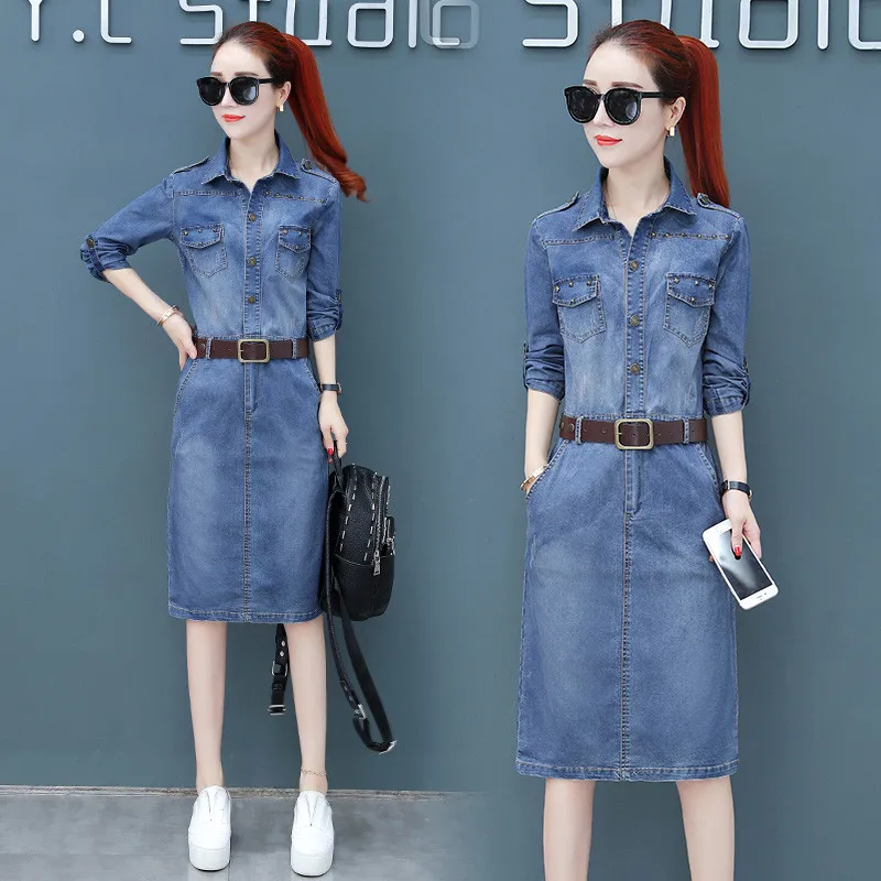 Denim Dress 2019 Autumn New Turn-down Collar Long Sleeve Pockets Office Dress With Belt Slim Elegant Jeans Dress Vestidos AA655
Denim Dress 2019 Autumn New Turn-down Collar Long Sleeve Pockets Office Dress With Belt Slim Elegant Jeans Dress Vestidos AA655