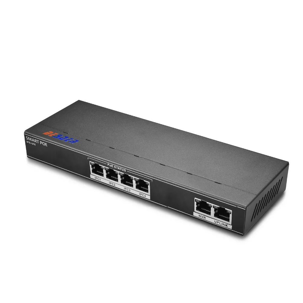 BESDER 4CH POE Switch 6 Port 10/100 Mbps Ethernet Switch 250 signal transmission 4 POE Ports 1 NVR+ 1 Uplink Port 802.3af/at
BESDER 4CH POE Switch 6 Port 10/100 Mbps Ethernet Switch 250 signal transmission 4 POE Ports 1 NVR+ 1 Uplink Port 802.3af/at