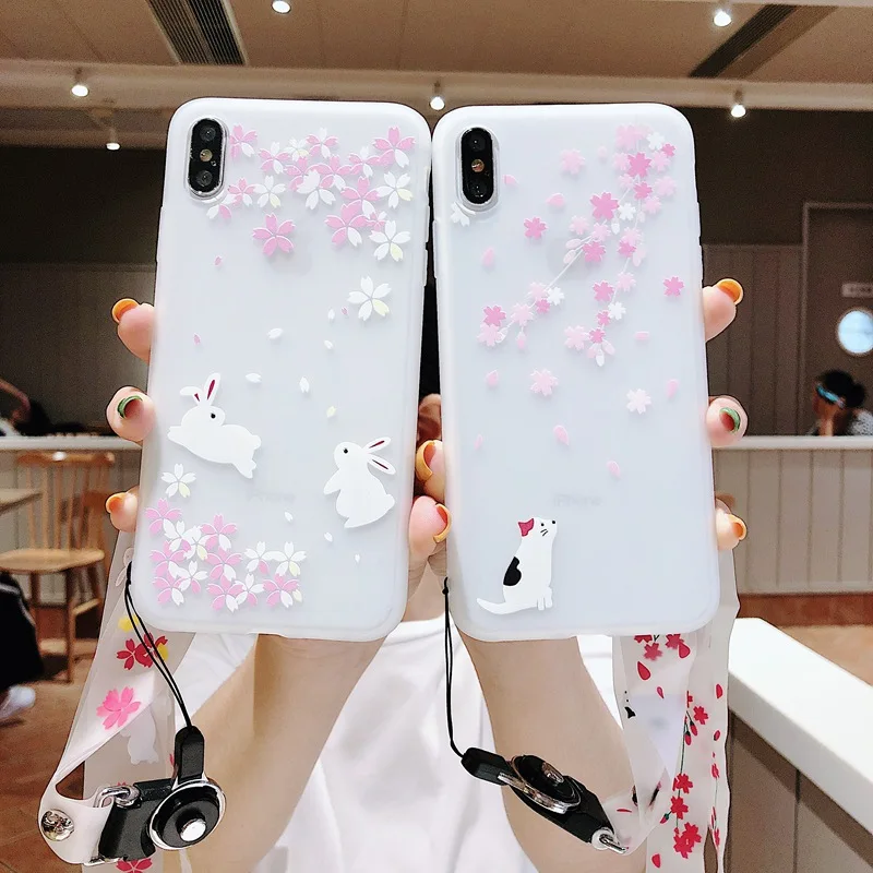 Чехол для iPhone 6 6S 7 8 Plus X XS Max XR Мягкий ТПУ рисунок вишни кота кролика с длинным