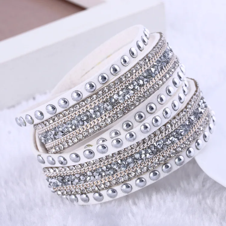 Fashion Double Wraped Velvet Leather Rhinestone Bracelet Jewelry Mixcolors Crystal Women's Slake Bracelets With Button Buckle |