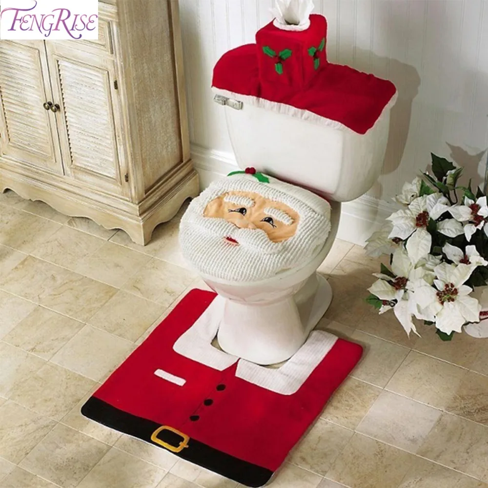 

FENGRISE 3pcs Fancy Santa Claus Rug Seat Bathroom Set Contour Rug Santa toilet Christmas Decoration Navidad Xmas Party Supplies