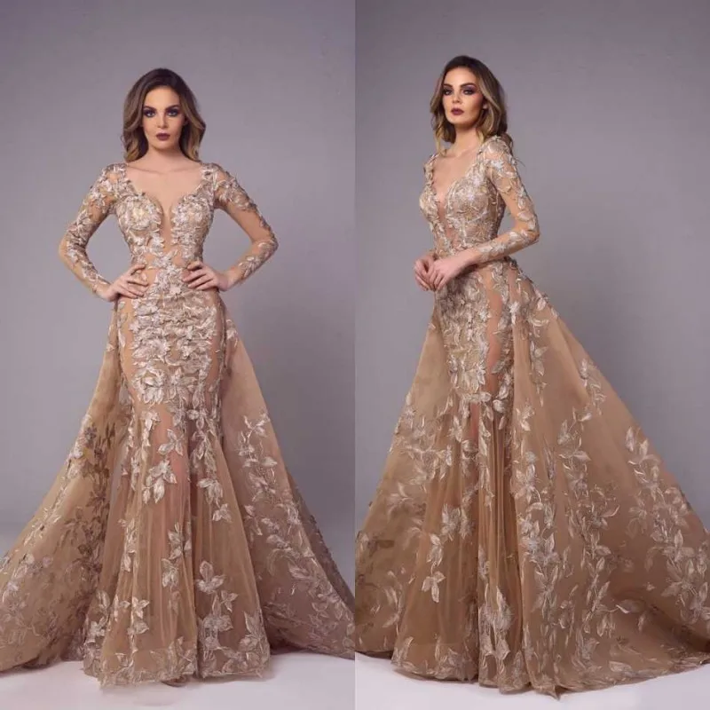 Elegant Champagne Mermaid Prom Dresses with Detachable Train Lace Appliqued Long Sleeve vestidos de gala Plus Size Prom Gowns
Elegant Champagne Mermaid Prom Dresses with Detachable Train Lace Appliqued Long Sleeve vestidos de gala Plus Size Prom Gowns