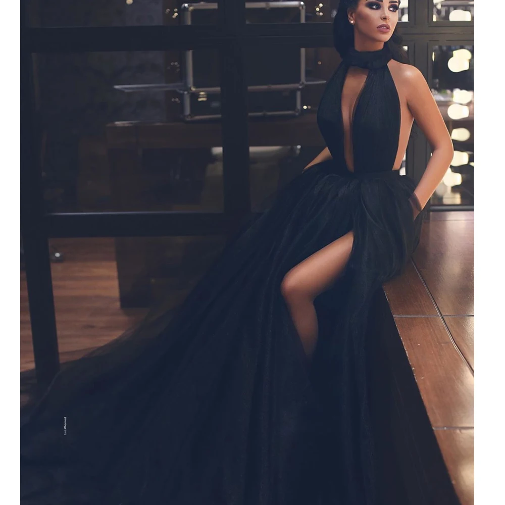 sexy prom dresses deep v neck halter backless black evening dresses tulle formal dresses
sexy prom dresses deep v neck halter backless black evening dresses tulle formal dresses