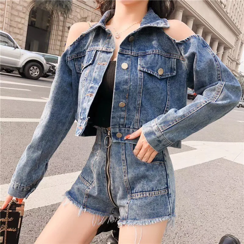 High Street Womens Denim Casual Two Piece Sets Long Sleeve Off the Shoulder Pockets Short Jackets Fashion Zipper Fly Hot Shorts
High Street Womens Denim Casual Two Piece Sets Long Sleeve Off the Shoulder Pockets Short Jackets Fashion Zipper Fly Hot Shorts