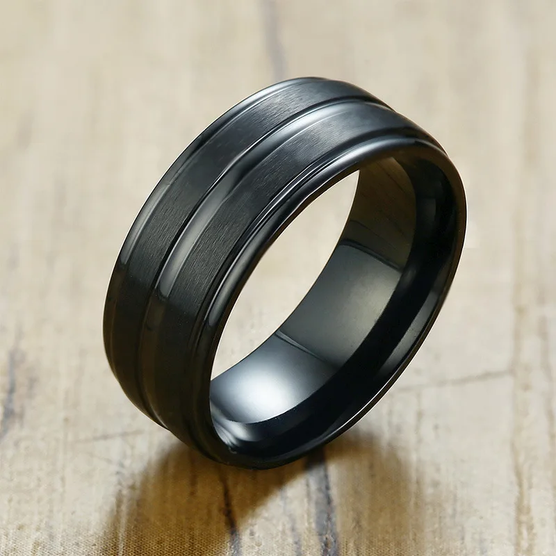Повседневное мужское кольцо черного цвета с двойным пазом простое матовое из