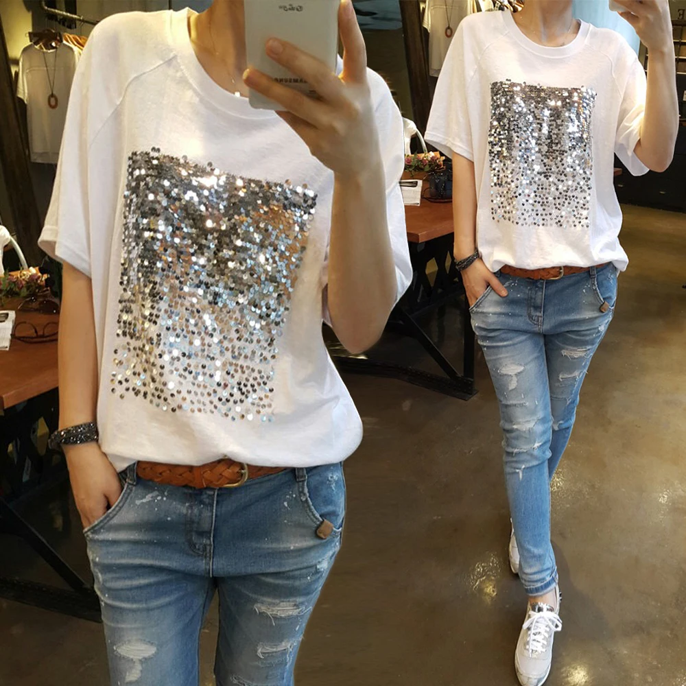 Женская футболка из 100% хлопка с блестками летние топы в Корейском стиле