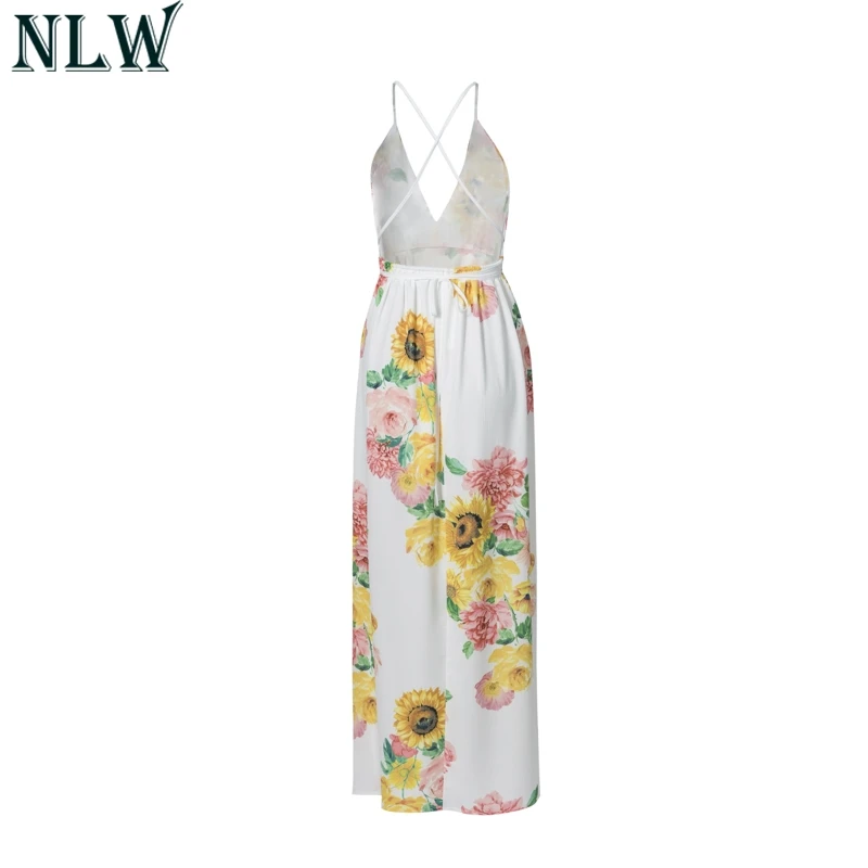 NLW белое платье длиной до пола с цветочным принтом Летнее Длинное Платье открытой