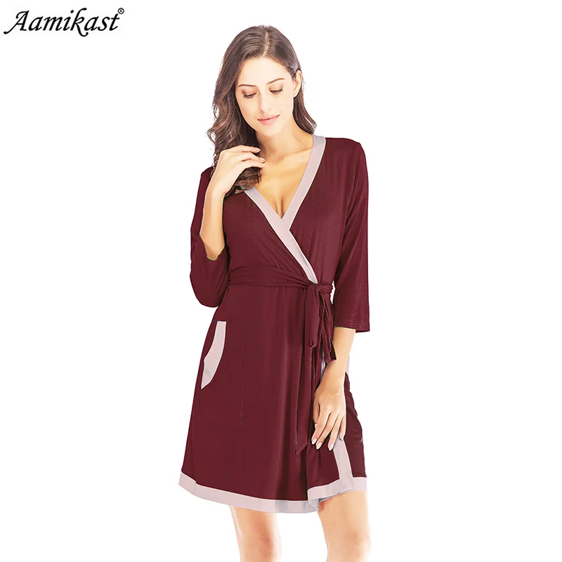 

Aamikast Womens RobeH 3/4 Sleeve Solid Loose V Neck Patchwork Self Belt Bathrobe Night Sexy Robes Night Grow Kimono Robe Pajama