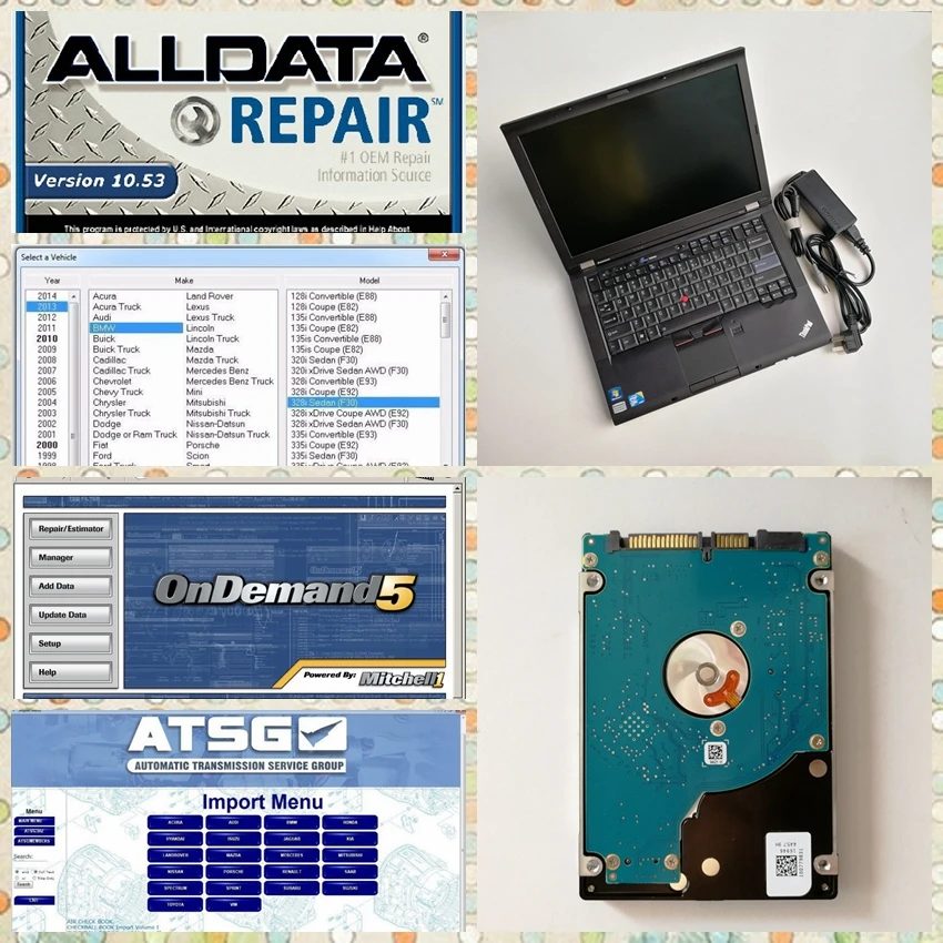 

installed Well all data and m.itchell software alldata 10.53 m.itchell on demand 2in1 hdd 1tb with Used computer T410 I5 4g