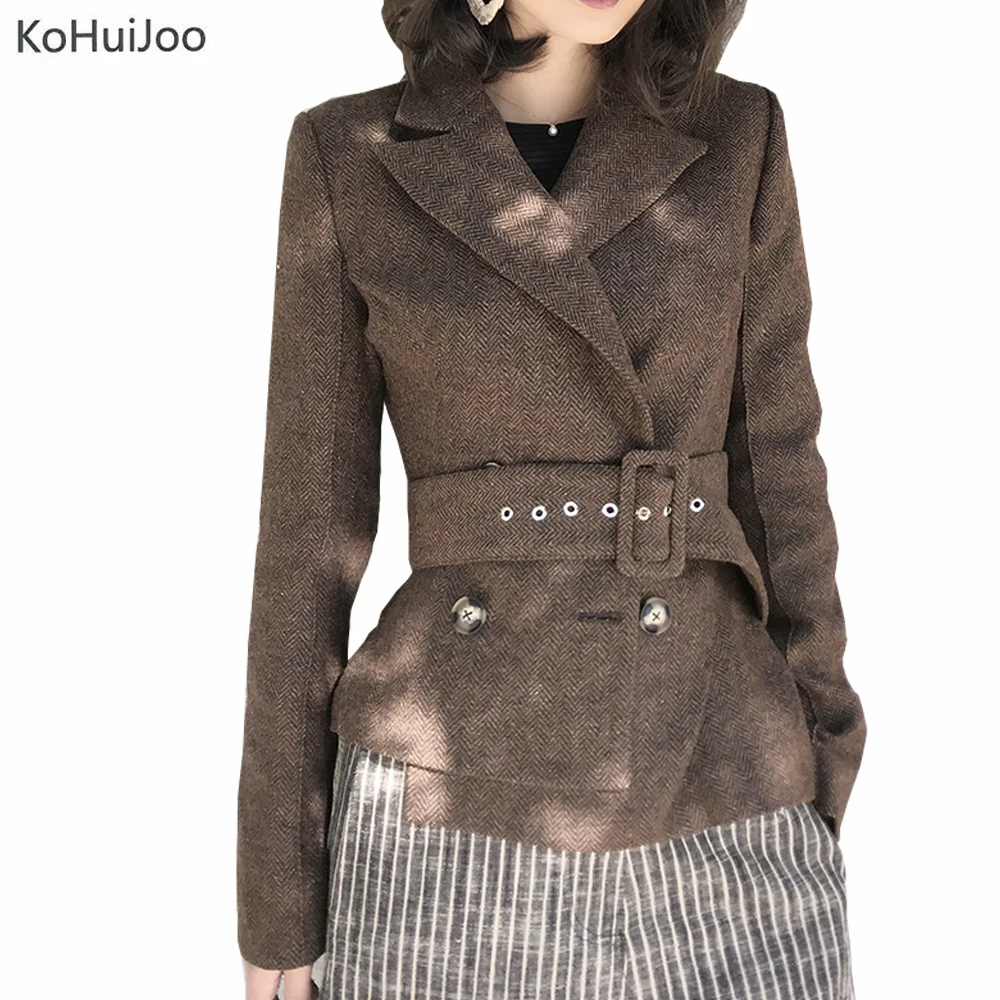Женский короткий Блейзер KoHuiJoo тонкий кашемировый блейзер с поясом для офиса на