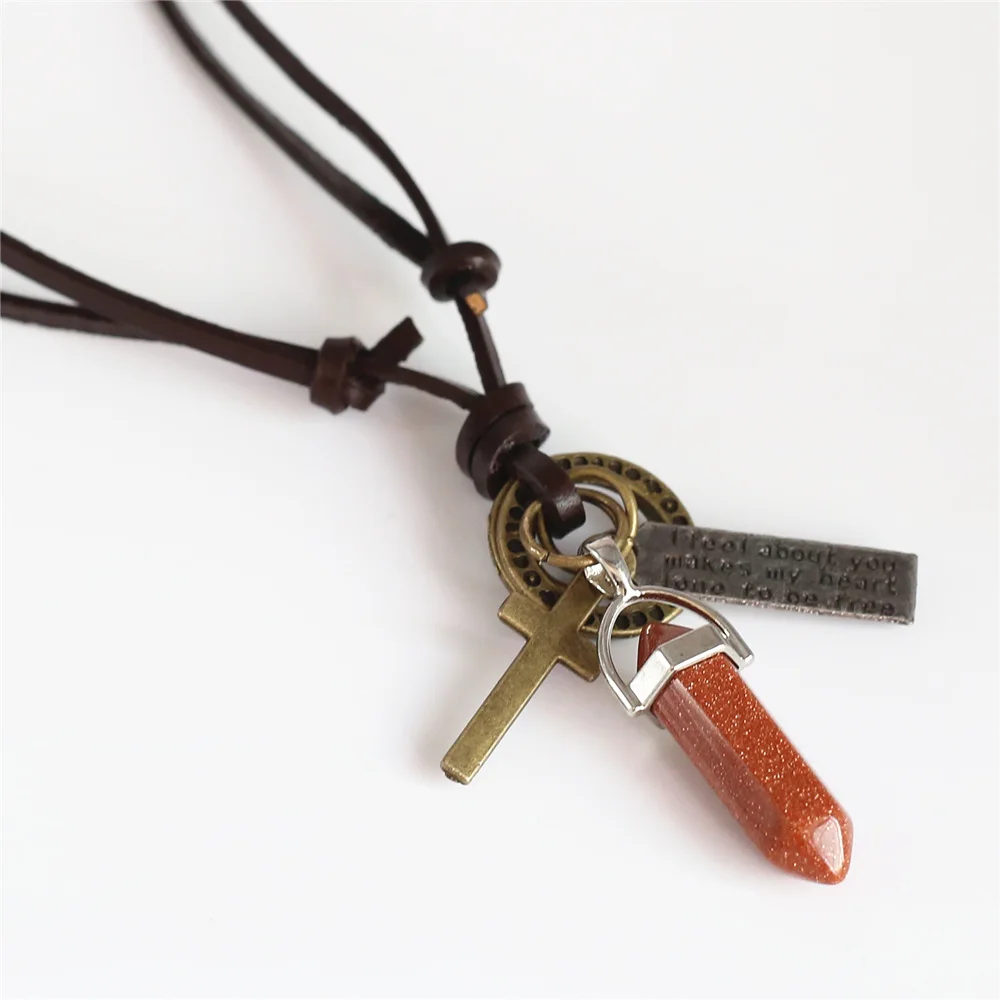 New Punk Vintage Rock Brown Leather Chain Six Pillar Goldstone Alloy Hoops Cross Men Pendant Necklace Women Femme Homme Jewelry
New Punk Vintage Rock Brown Leather Chain Six Pillar Goldstone Alloy Hoops Cross Men Pendant Necklace Women Femme Homme Jewelry