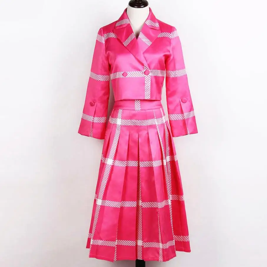 spring autumn new fashion striped printing coat+high waist pleated skirt two piece sets
spring autumn new fashion striped printing coat+high waist pleated skirt two piece sets