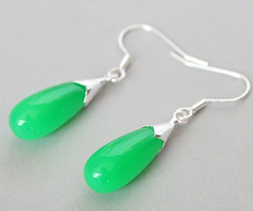 

Silver Hook Green Natural jade Teardrop Eardrop Earrings 1 1/2"