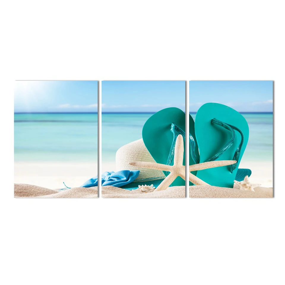 Современная Картина на холсте домашний декор 3 панели пляжные шлепанцы с морской