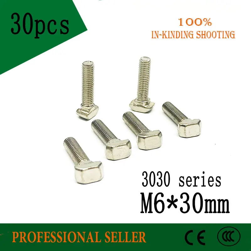 

30pcs 3030 Series M6*30mm Hammer Head T Bolt Screw Nickel Plated For 3030 Aluminum Profile T-slot t screw