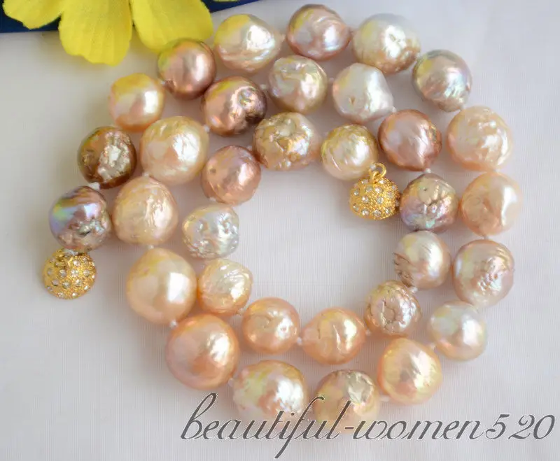 Z6565 13mm PINK LAVENDER PEACOCK almost round Edison REBORN NECKLACE 17inch