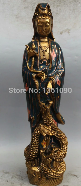 

Xd 00706 17 "Китайский Буддизм клуазоне бусина-бронзовая позолота kwan-инь Те Гуань Инь (железная Гуаньинь) Поездка Дракон Статуя