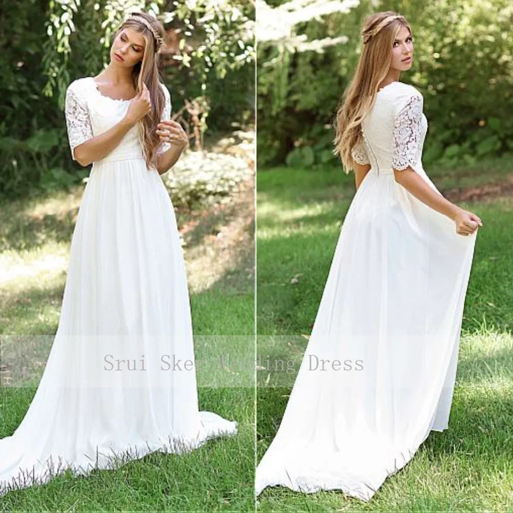 Classic O-Neck Cheap Lace Wedding Dress Chiffon Skirt Design Half Sleeve Custom Made Zipper Back Bridal Dresses 2019 Hot
Classic O-Neck Cheap Lace Wedding Dress Chiffon Skirt Design Half Sleeve Custom Made Zipper Back Bridal Dresses 2019 Hot