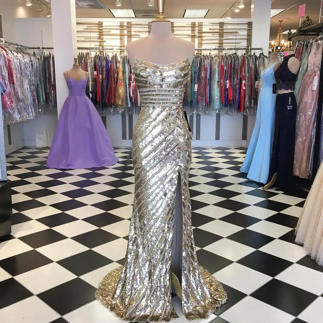 Sparkle Sequins Prom Dress 2k19 Straight Spaghetti Neck Gold Pageant Gowns High Split Side Burgundy Lace Up Back Long Real Photo
Sparkle Sequins Prom Dress 2k19 Straight Spaghetti Neck Gold Pageant Gowns High Split Side Burgundy Lace Up Back Long Real Photo