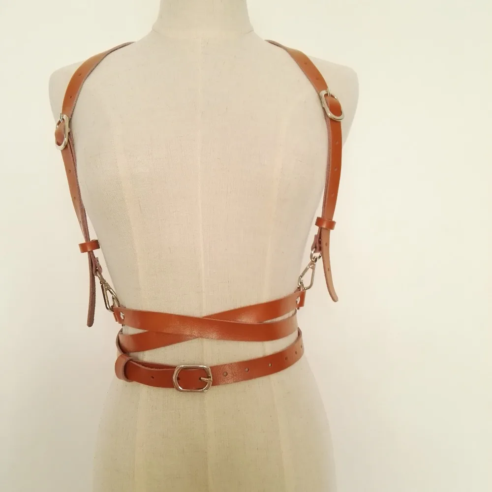 Women sexy Stud Punk harness Goth Handmade Leather Body Bondage Cage Brown Waist Belt cross chest belt Hook freeshipping | Женская