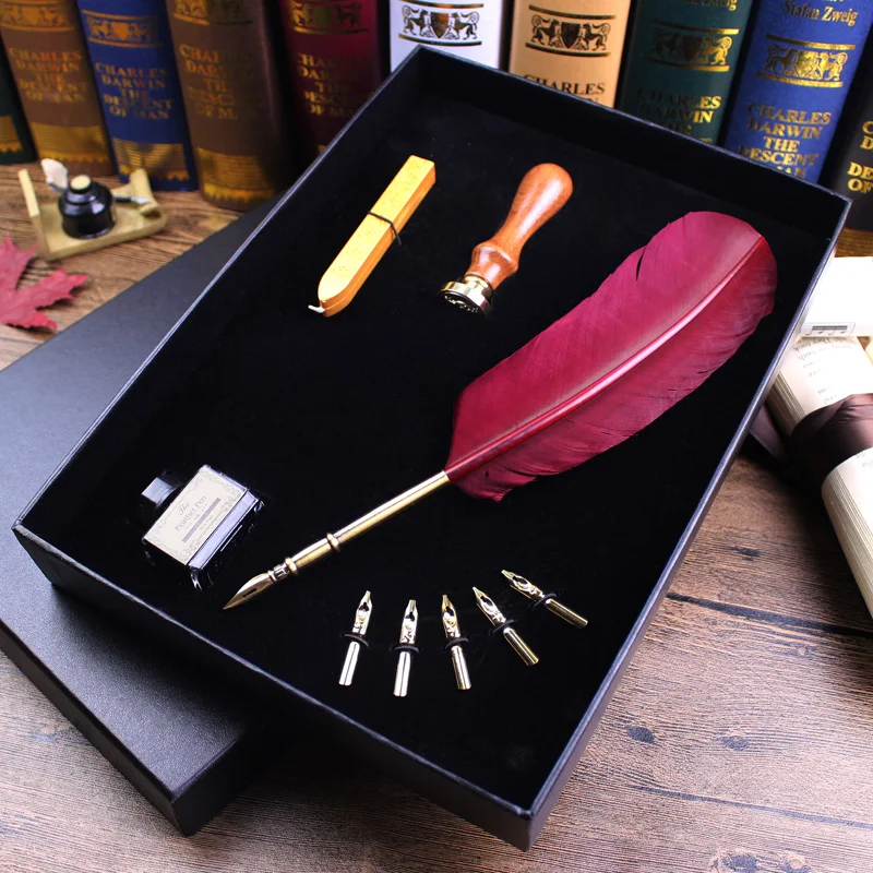 High quality Retail Box burgandy feather dip pen,23CM feather Fountain pen set with seal stamper and candle,business gift
High quality Retail Box burgandy feather dip pen,23CM feather Fountain pen set with seal stamper and candle,business gift