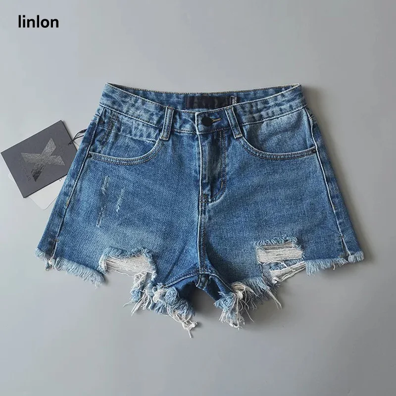 LINLON 2018 рваные подол Джинсовые шорты Для женщин лето мода прямой ногой пуговицы