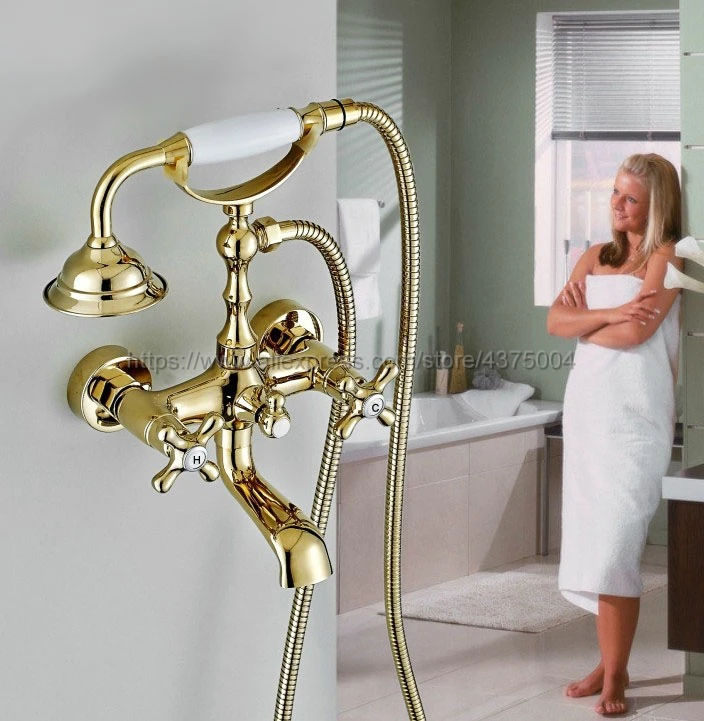Dual Cross Handles Wall Mounted Golden Bathroom Tub Faucet with Hand Held Shower Sprayer Ntf134
Dual Cross Handles Wall Mounted Golden Bathroom Tub Faucet with Hand Held Shower Sprayer Ntf134