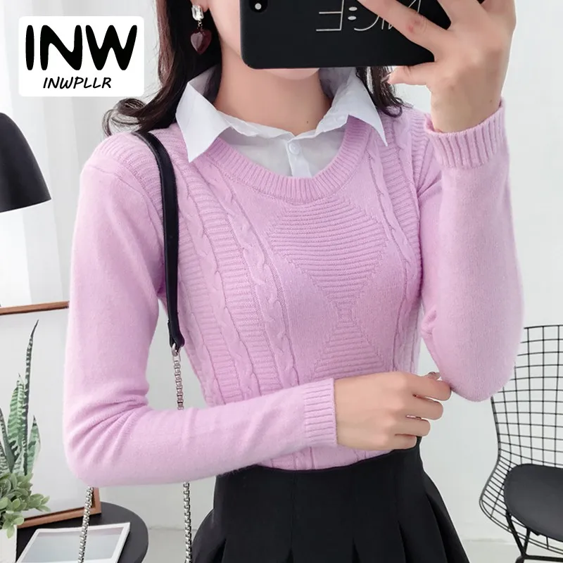 Women Knitted Pullover Sweaters Femme 2018 Autumn Long Sleeve Fake Two Piece Sweater For Ladie Casual Winter Chompas Para Mujer | Женская