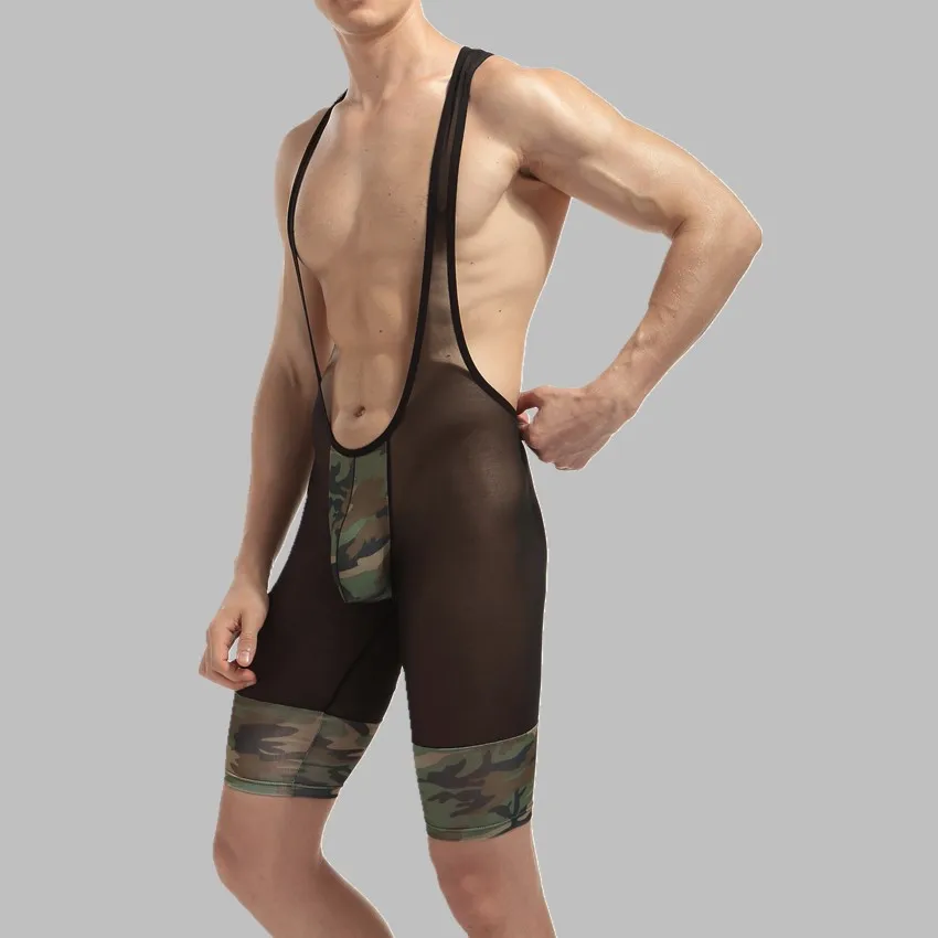 Mens Bodysuit 2017 Sexy Fashion See Camouflage Soft Breathable Underwear Transparent Shorts Bodysuits Boxers Wrestling Suits Men |