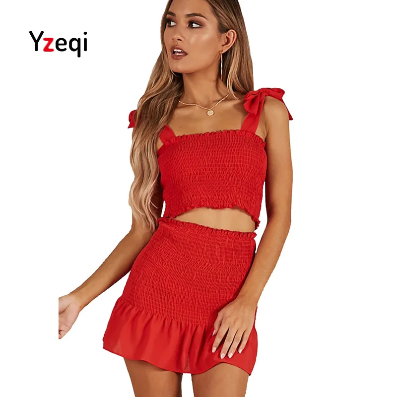 Yzeqi деталь в рубчик шифон Bardot Dress 2018 летние красные сексуальные подтяжки короткие