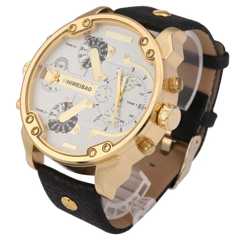 Brand Shiweibao Quartz Watches Men Fashion Watch Leather Strap Golden Case Relogio Masculino Dual Time Zones Military Wristwatch | Наручные