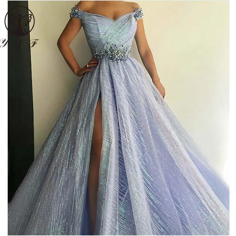 Bling Bling Off the Shoulder Sweetheart Beaded Crystals Sashes Short Sleeve High Slit Shine Prom Dresses 2019
Bling Bling Off the Shoulder Sweetheart Beaded Crystals Sashes Short Sleeve High Slit Shine Prom Dresses 2019